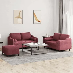 3-delige Loungeset met kussens stof wijnrood 3-delige Loungeset met kussens stof wijnrood