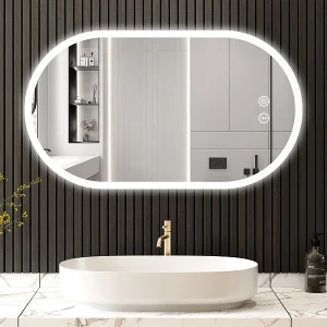 Badkamerspiegel met LED-verlichting 70x50cm, explosiebestendig anticondensglas, ovale wandspiegel met aanraakschakelaar, 3 kleuren, 6500k Badkamerspiegel met LED-verlichting 70x50cm, explosiebestendig anticondensglas, ovale wandspiegel met aanraakschakelaar, 3 kleuren, 6500k