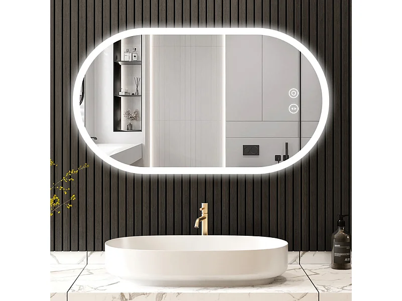 Badkamerspiegel met LED-verlichting 70x50cm, explosiebestendig anticondensglas, ovale wandspiegel met aanraakschakelaar, 3 kleuren, 6500k