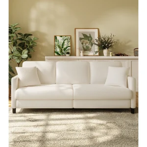 3-zitsbank van teddyfluweel, grote comfortabele rechte bank van massief hout, loveseat met armleuningen, 210 x 79 x 89 cm – Beige 3-zitsbank van teddyfluweel, grote comfortabele rechte bank van massief hout, loveseat met armleuningen, 210 x 79 x 89 cm – Beige