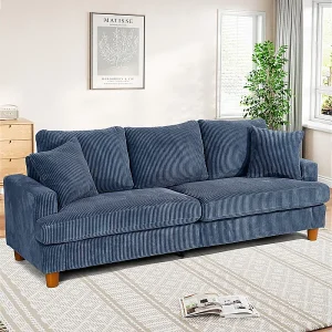 3-zits Bank van Ribcord, met 2 Kussens, 53cm extra diepe zitplaatsen, 220x76x84cm, Blauw 3-zits Bank van Ribcord, met 2 Kussens, 53cm extra diepe zitplaatsen, 220x76x84cm, Blauw