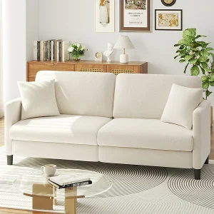 3-zitsbank van teddyfluweel, comfortabele rechte bank van massief hout, loveseat met armleuningen, 193x79x89cm, beige 3-zitsbank van teddyfluweel, comfortabele rechte bank van massief hout, loveseat met armleuningen, 193x79x89cm, beige
