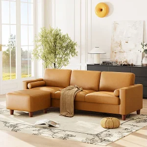 Bank 3-zits in kunstleer, met poef en 2 ronde kussens, houten frame, 234x155x88cm, Oranje
