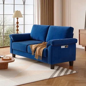 2-zits Chenille-stof woonkamerbank, Mid Century Modern bank, met opbergzak, 178x75x87cm, blauw 2-zits Chenille-stof woonkamerbank, Mid Century Modern bank, met opbergzak, 178x75x87cm, blauw