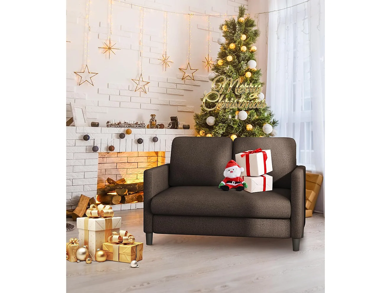 2 -Seater Comfort Sofa in teddy fluweel bruin, met diepe stoel van 55 cm en armleuningen – 128x78x89cm
