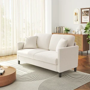 2/3-zitsbank van teddyfluweel, comfortabele rechte bank van massief hout, loveseat met armleuningen, 165x78x89cm, beige 2/3-zitsbank van teddyfluweel, comfortabele rechte bank van massief hout, loveseat met armleuningen, 165x78x89cm, beige
