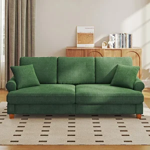 3-zits slaapbank, Chenille-stof, met armleuningen, kussens en 2 kussens, Max. belasting 300 kg – 220x76x86 cm 3-zits slaapbank, Chenille-stof, met armleuningen, kussens en 2 kussens, Max. belasting 300 kg – 220x76x86 cm