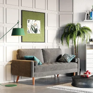2-zitsbank in grijs fluweel, mini-slaapbank, met armleuningen en taps toelopende houten poten, lage rugleuning – 148,5x78x85cm