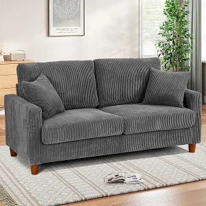 2-zitsbank van corduroy, moderne grote gestoffeerde rechte bank met extra diepe zitplaatsen van 56 cm – 2 kussens – 178x76x89cm – grijs 2-zitsbank van corduroy, moderne grote gestoffeerde rechte bank met extra diepe zitplaatsen van 56 cm – 2 kussens – 178x76x89cm – grijs