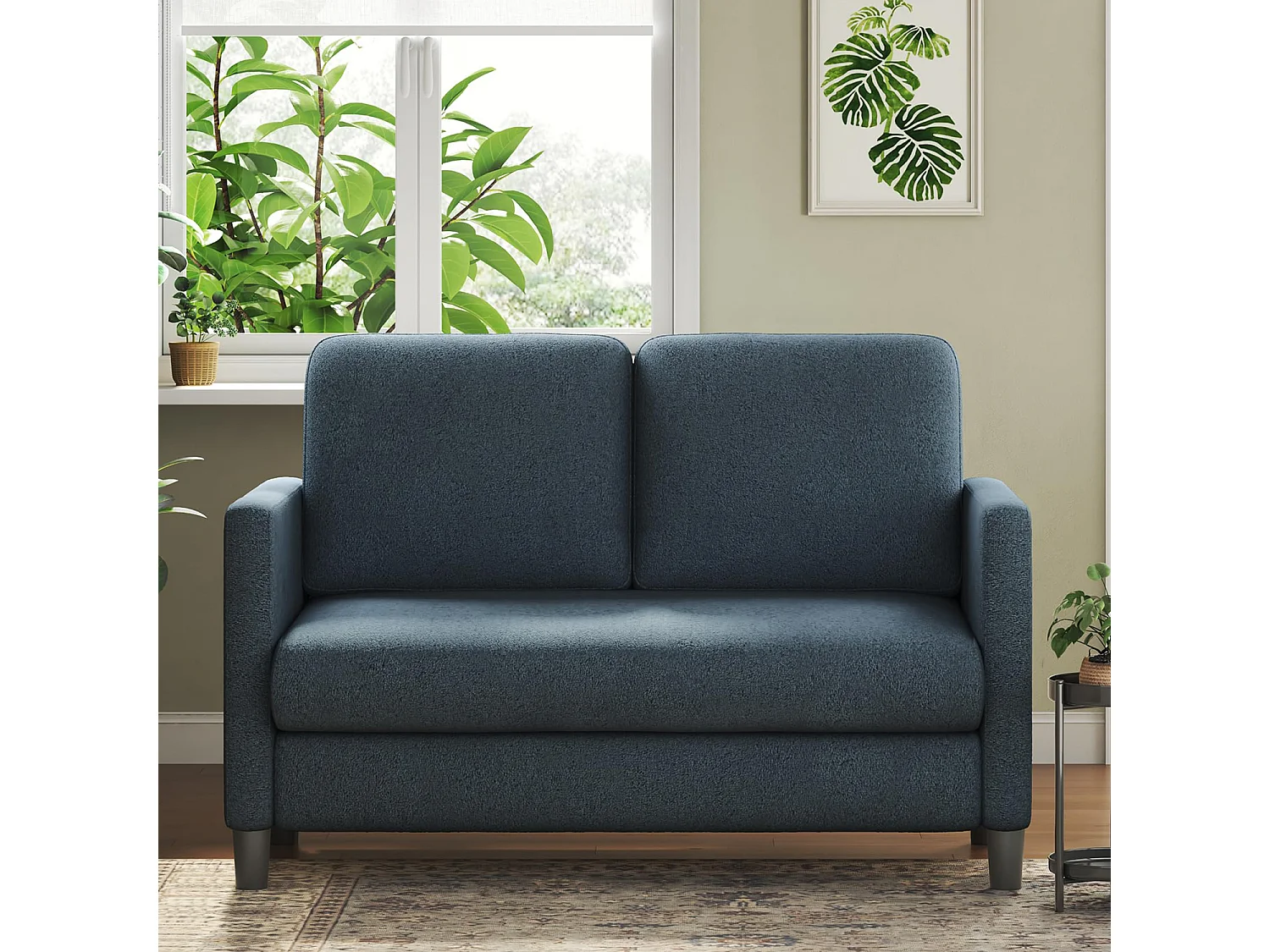 2 -Seater Comfort Sofa in teddy fluweel blauw, met diepe stoel van 55 cm en armleuningen – 128x78x89cm