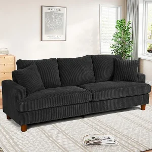 3-zits Bank van Ribcord, met 2 Kussens, 53cm extra diepe zitplaatsen, 220x76x84cm, Zwart 3-zits Bank van Ribcord, met 2 Kussens, 53cm extra diepe zitplaatsen, 220x76x84cm, Zwart