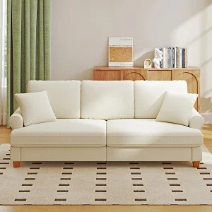 3-zits slaapbank, Chenille-stof, met armleuningen, kussens en 2 kussens, Max. belasting 300 kg – 220x76x86 cm 3-zits slaapbank, Chenille-stof, met armleuningen, kussens en 2 kussens, Max. belasting 300 kg – 220x76x86 cm