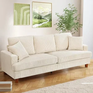 3-zits bank in beige geribbelde fluweel, grote rechte bank, extra diepe zitplaatsen (53 cm), met 2 kussens – 220x76x84 cm