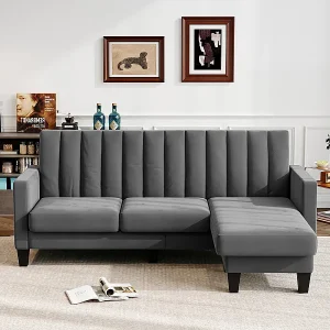 Omkeerbare hoekbank in stof grijs – 3/4 plaatsen – Meridian of Pouffe – Verticale strepen – 208x76x85cm