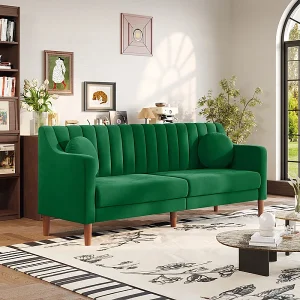 3-zits bank van fluweel – massief houten poten 19cm – met 2 kussens – 206x74x83cm – Groen 3-zits bank van fluweel – massief houten poten 19cm – met 2 kussens – 206x74x83cm – Groen