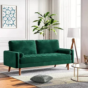 2-zitsbank in groen fluweel, moderne woonkamerbank, met armleuningen en taps toelopende houten poten, lage rugleuning – 148,5x78x85cm 2-zitsbank in groen fluweel, moderne woonkamerbank, met armleuningen en taps toelopende houten poten, lage rugleuning – 148,5x78x85cm