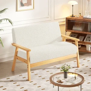 2-zitsbank, modern en Scandinavisch, teddyfleece loungefauteuil, houten frame, voor klein appartement, beige, 107x60x76cm 2-zitsbank, modern en Scandinavisch, teddyfleece loungefauteuil, houten frame, voor klein appartement, beige, 107x60x76cm