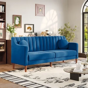 3-zits bank van fluweel – massief houten poten 19cm – met 2 kussens – 206x74x83cm – Blauw