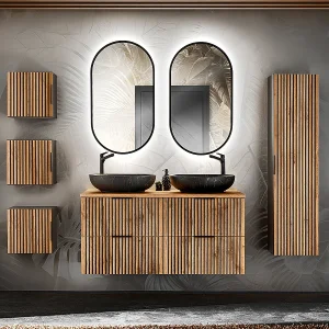 120cm dubbel badmeubel met LED spiegels en 3 Gaia houten en zwarte bovenkasten Zwart badmeubel 120cm dubbel badmeubel met LED spiegels en 3 Gaia houten en zwarte bovenkasten Zwart badmeubel