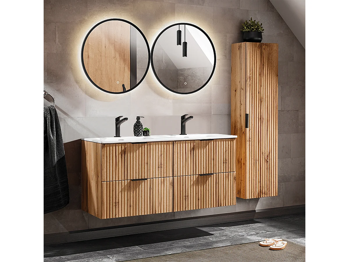 120cm dubbele inbouwwastafel met LED spiegels en Adriel Hout kolom