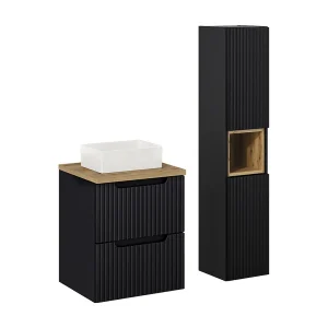 50cm enkele wastafel met 2 lades en Riva voetstuk in zwart en hout 50cm enkele wastafel met 2 lades en Riva voetstuk in zwart en hout