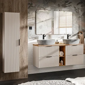 Adriel Cashmere hout- en steeneffect dubbele wastafel 140cm 2 nissen en sokkel Adriel Cashmere hout- en steeneffect dubbele wastafel 140cm 2 nissen en sokkel