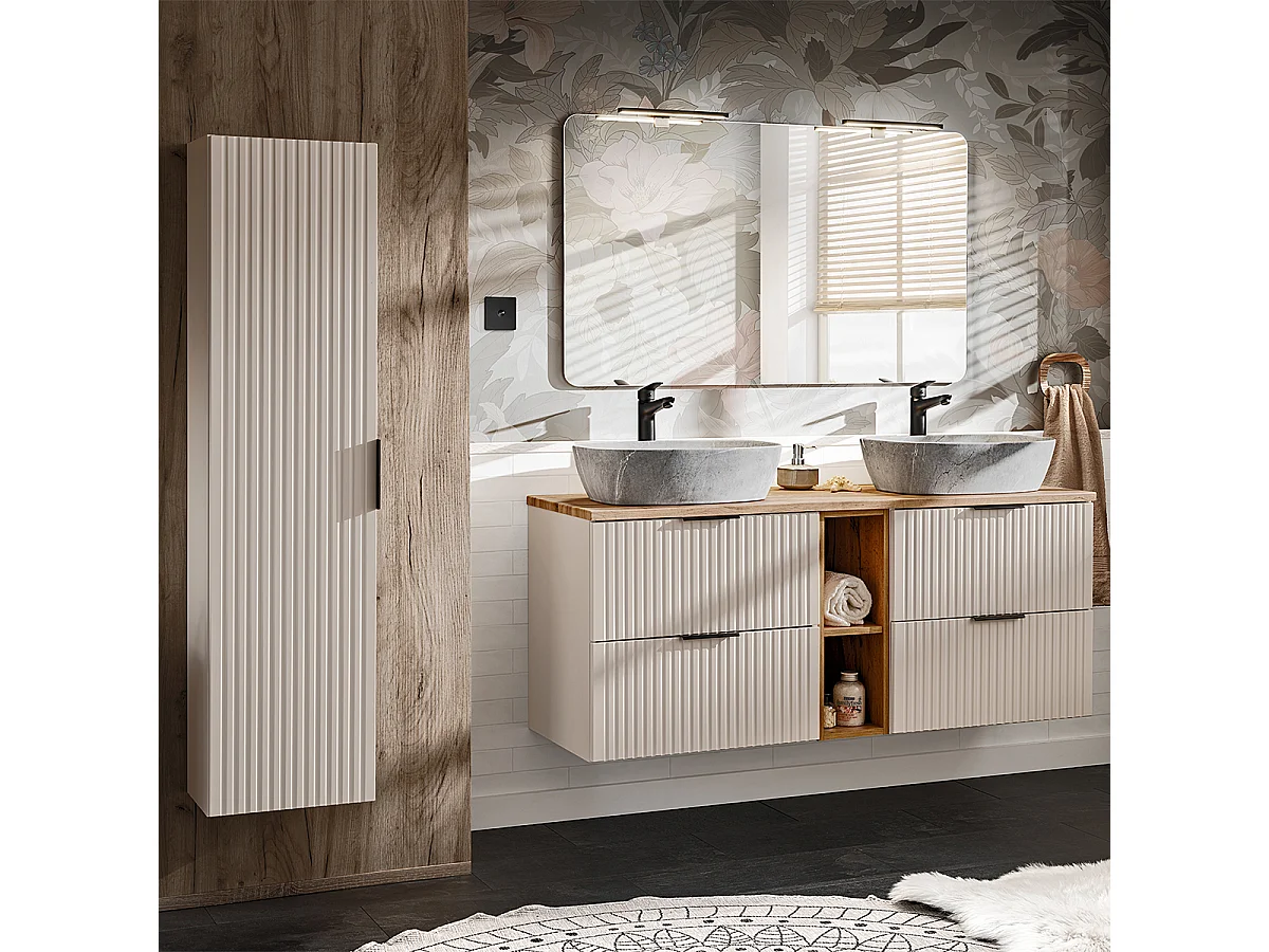 Adriel Cashmere hout- en steeneffect dubbele wastafel 140cm 2 nissen en sokkel