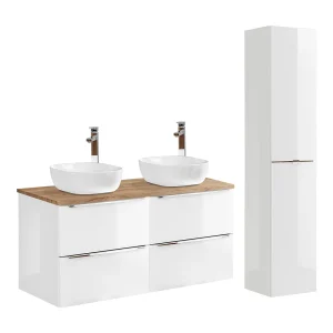 120cm dubbele wastafel met witte en houten April kolom