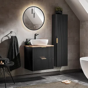 Ensemble meuble simple vasque 60cm en colonne Adriel Noir en Bois Ensemble meuble simple vasque 60cm en colonne Adriel Noir en Bois