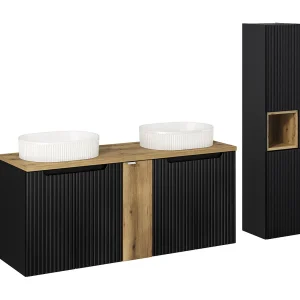5-deurs 140cm dubbele wastafel met Riva voetstuk in zwart en hout 5-deurs 140cm dubbele wastafel met Riva voetstuk in zwart en hout