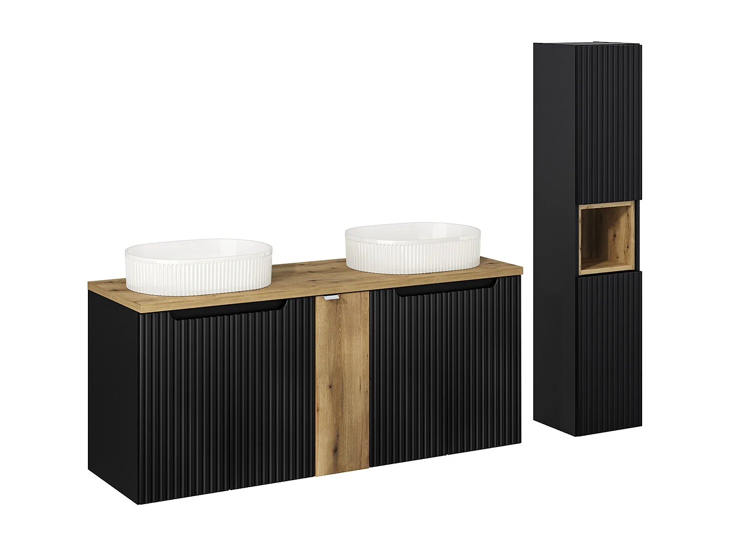 5-deurs 140cm dubbele wastafel met Riva voetstuk in zwart en hout