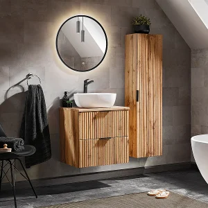 60cm enkele wastafel met LED spiegel en Adriel Hout kolom 60cm enkele wastafel met LED spiegel en Adriel Hout kolom