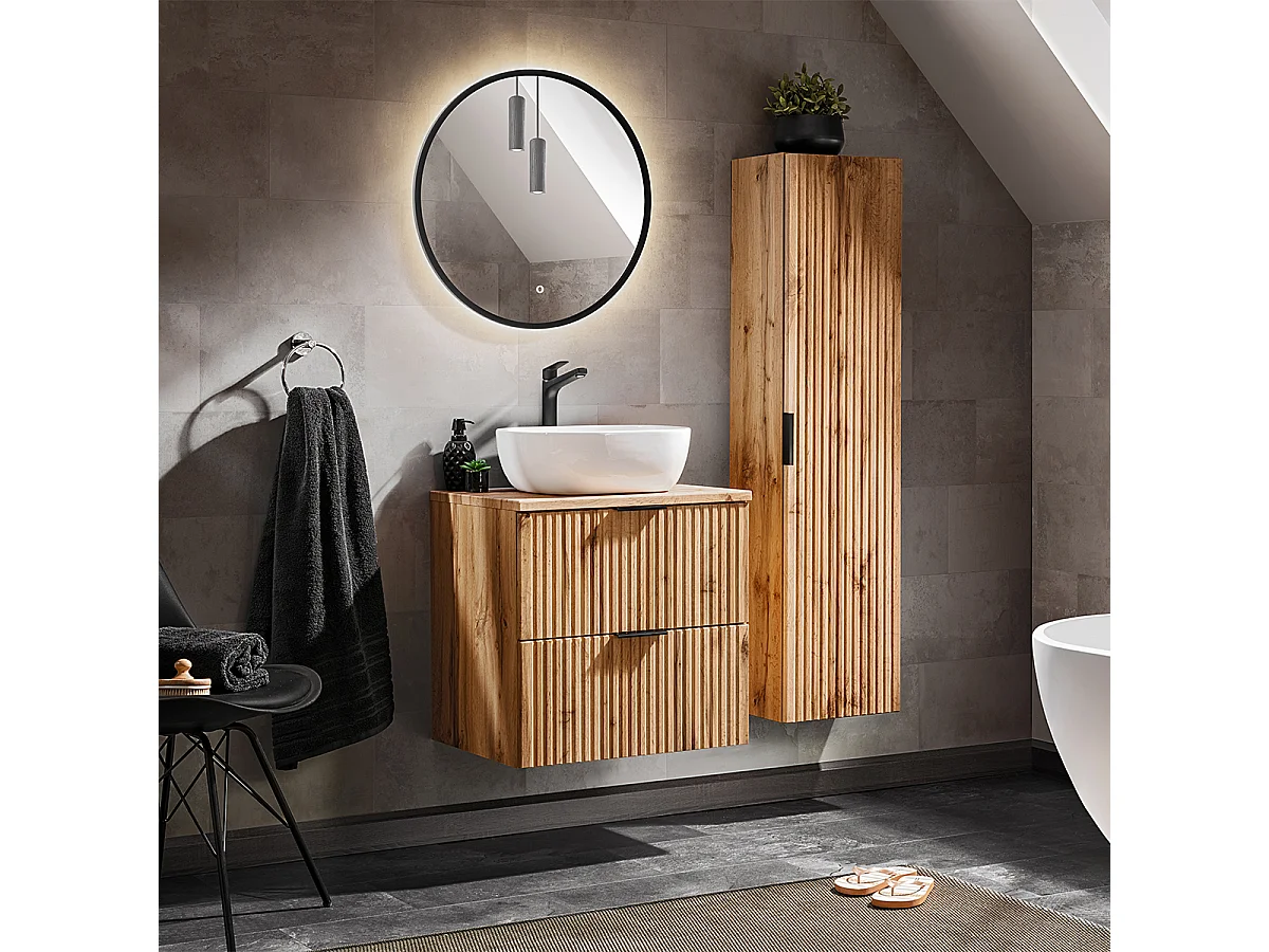 60cm enkele wastafel met LED spiegel en Adriel Hout kolom