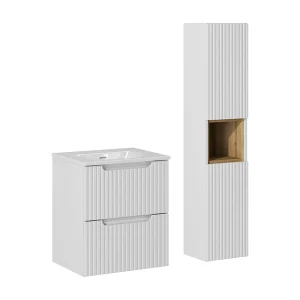 Ensemble meuble simple vasque encastrée 50cm 2 tiroirs et colonne Riva Blanc et Bois Ensemble meuble simple vasque encastrée 50cm 2 tiroirs et colonne Riva Blanc et Bois