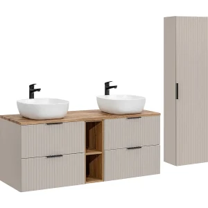 Adriel Kasjmier en hout dubbele wastafel 140cm 2 nissen en sokkel Adriel Kasjmier en hout dubbele wastafel 140cm 2 nissen en sokkel