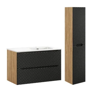 90cm rechte enkele wastafel met Elora sokkel in zwart en hout 90cm rechte enkele wastafel met Elora sokkel in zwart en hout