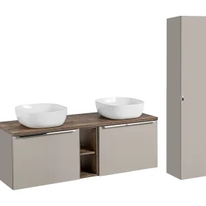 Ensemble dubbele wastafel 140cm 2 nissen en kolom Éros Taupe Ensemble dubbele wastafel 140cm 2 nissen en kolom Éros Taupe