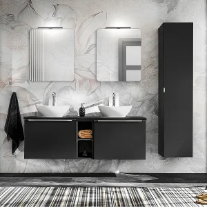 Ensemble meuble double vasque 140cm 2 niches et colonne Éros Noir Ensemble meuble double vasque 140cm 2 niches et colonne Éros Noir