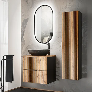 60cm enkele wastafel met houten en zwarte Gaia sokkel – Zwarte wastafel 60cm enkele wastafel met houten en zwarte Gaia sokkel – Zwarte wastafel