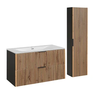 100cm enkele wastafel met Gaia hout en zwarte kolom 100cm enkele wastafel met Gaia hout en zwarte kolom