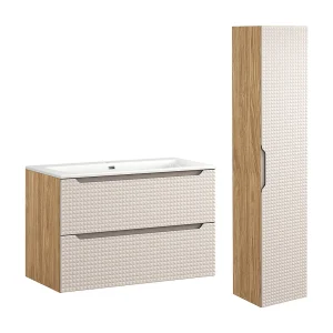90cm enkele wastafel met Mallory voetstuk Beige en hout 90cm enkele wastafel met Mallory voetstuk Beige en hout