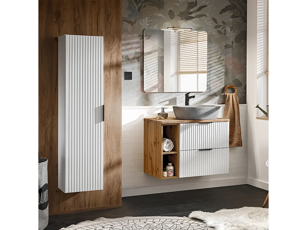 Adriel wit en steen effect enkele wastafel 80cm 2 nissen en sokkel