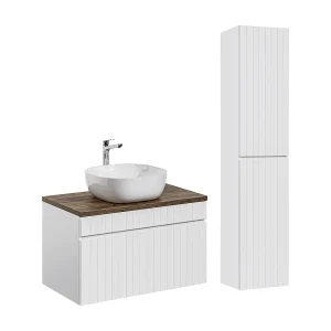 80cm enkele wastafel met Zelie sokkel in wit en hout 80cm enkele wastafel met Zelie sokkel in wit en hout
