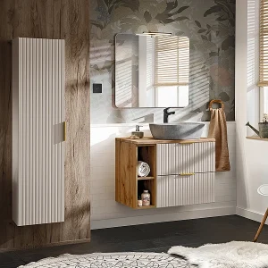 Adriel cachemire hout- en steeneffect enkele wastafel 80cm 2 nissen en sokkel Adriel cachemire hout- en steeneffect enkele wastafel 80cm 2 nissen en sokkel