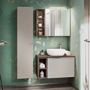 Ensemble enkele wastafel 80cm 2 nissen kolom en spiegelkast Éros Taupe Ensemble enkele wastafel 80cm 2 nissen kolom en spiegelkast Éros Taupe