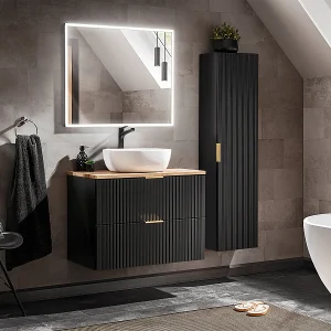 Ensemble meuble simple vasque 80cm en colonne Adriel Noir en Bois Ensemble meuble simple vasque 80cm en colonne Adriel Noir en Bois