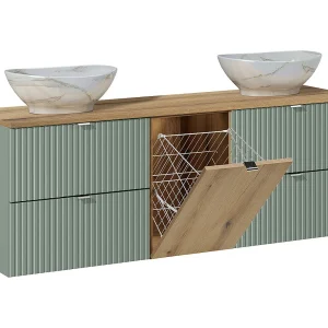 160cm dubbele wastafel met linnenmand Jade Groen en Hout 160cm dubbele wastafel met linnenmand Jade Groen en Hout