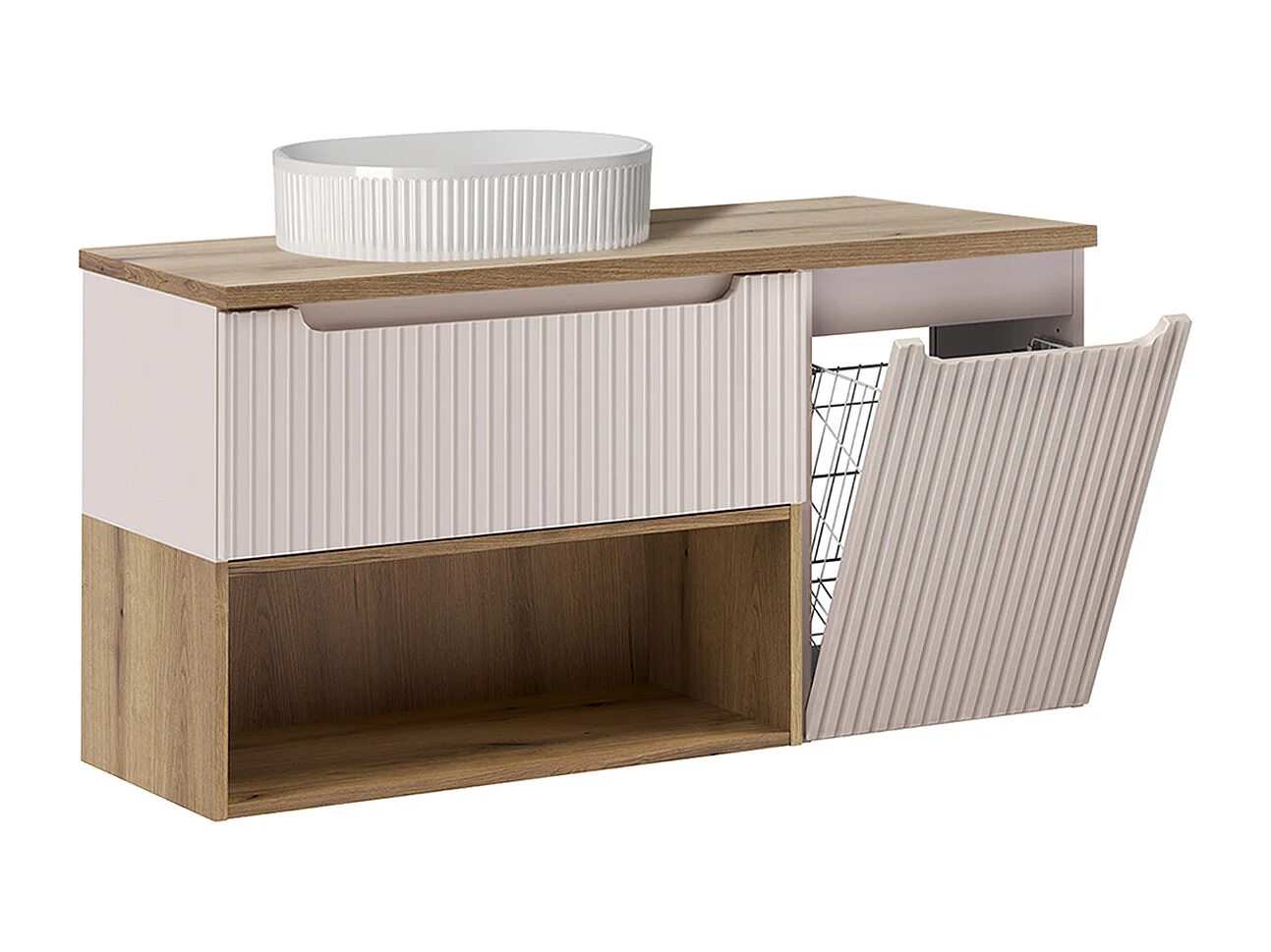 Badmeubel enkele wastafel 120cm wasmand Riva Kasjmier en Hout