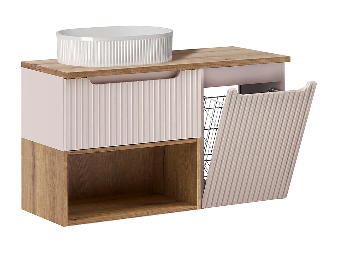 Badmeubel enkele wastafel 100cm wasmand Riva Kasjmier en Hout