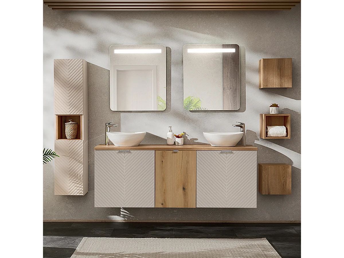 160 cm dubbel badmeubel met 4 deuren op sokkel en 3 Manoa Cashmere en Wood bovenkasten
